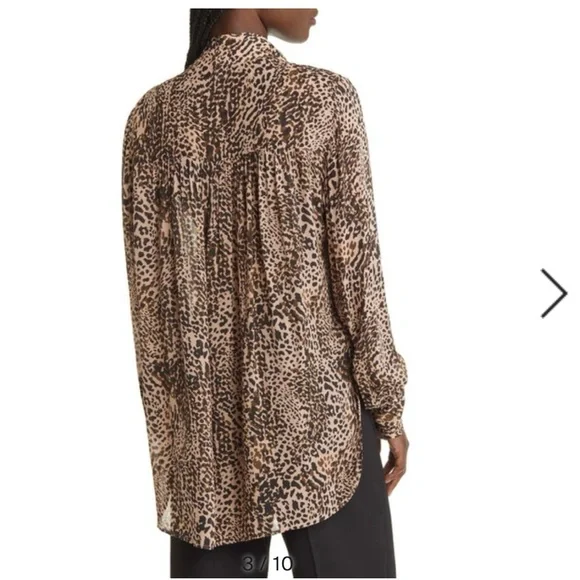 REISS Tora Cheetah Print Tie- Neck Boho Animal Print Blouse - Picture 2 of 8